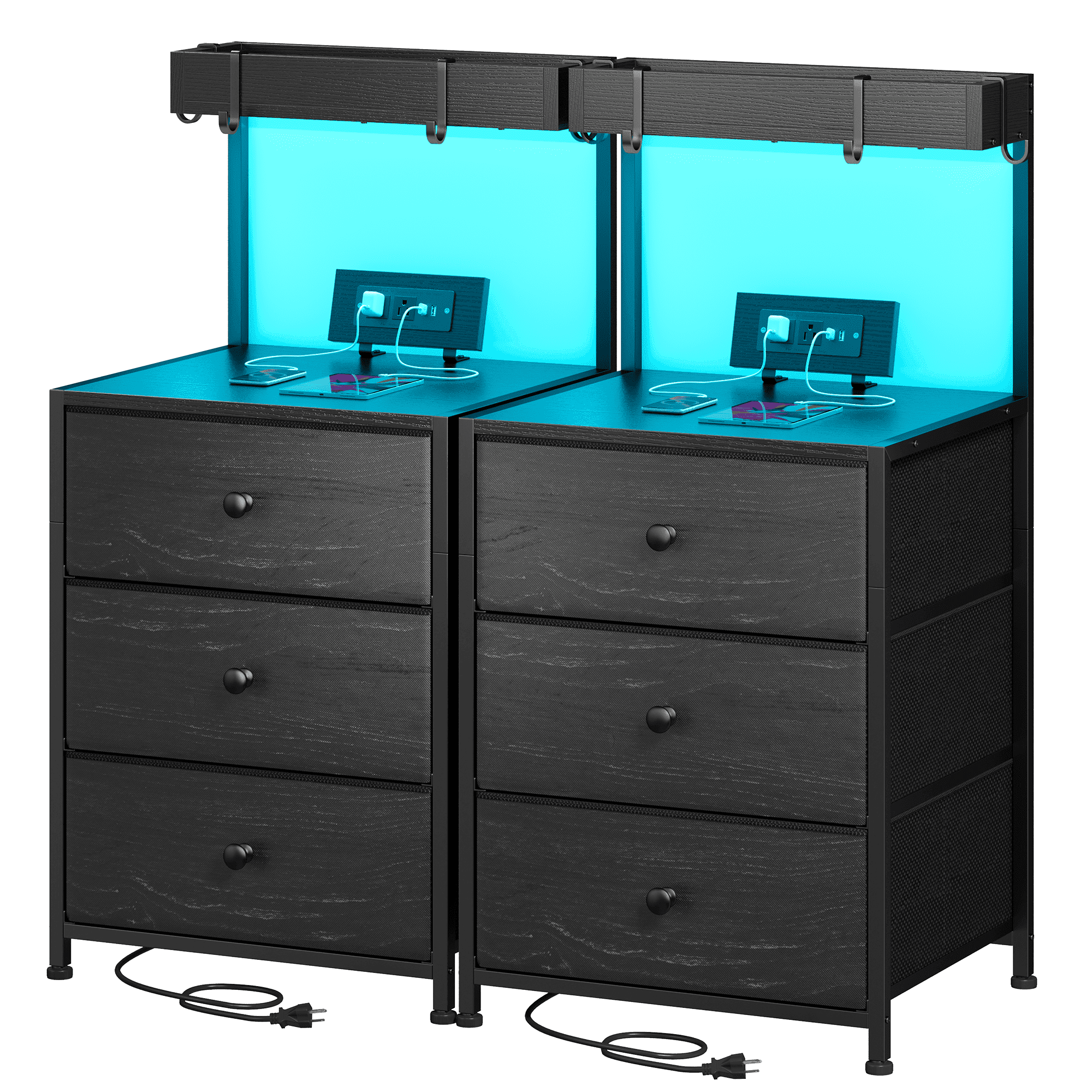 EnHomee Modern LED Nightstand with 3 Drawers & Charging Station, Set of 2, Black