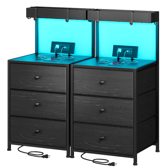 EnHomee Modern LED Nightstand with 3 Drawers & Charging Station, Set of 2, Black