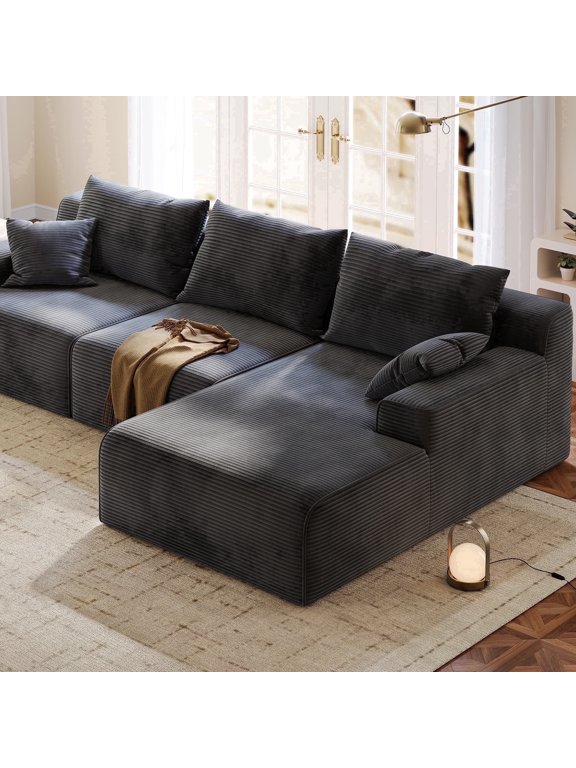 Modular L-Shaped Couch for Livingroom Convertible Cloud Sofa Boneless Sectional Couch for Home, Grey(Corduroy)