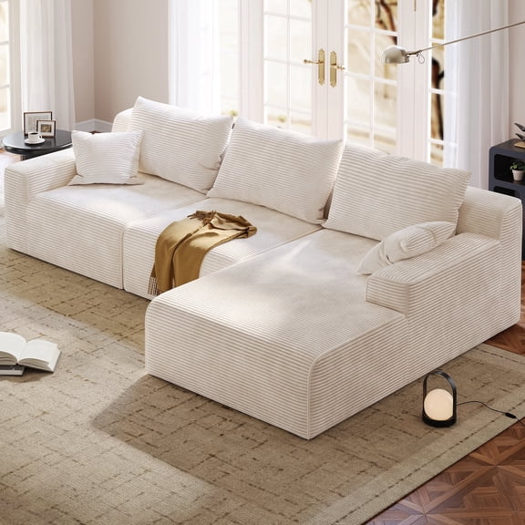 EnHomee Modular L-Shaped Sectional Sofa for Livingroom Boneless Convertible Cloud Sofa Couch for Home, White(Corduroy)