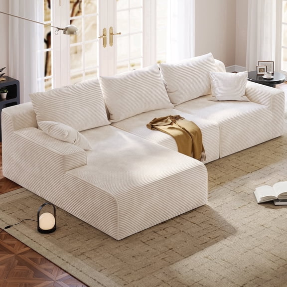 EnHomee Modular L-Shaped Sectional Sofa for Livingroom Boneless Convertible Cloud Sofa Couch for Home, White(Corduroy)