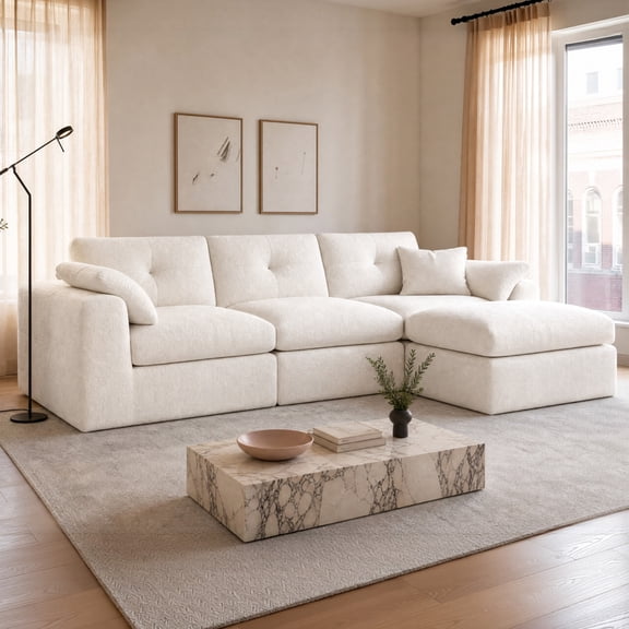 EnHomee Modular Sectional Sofa for Living Room Cloud Sofa Couch with Soft Chenille Fabric 3 Seat Sofa with Movable Ottoman, White