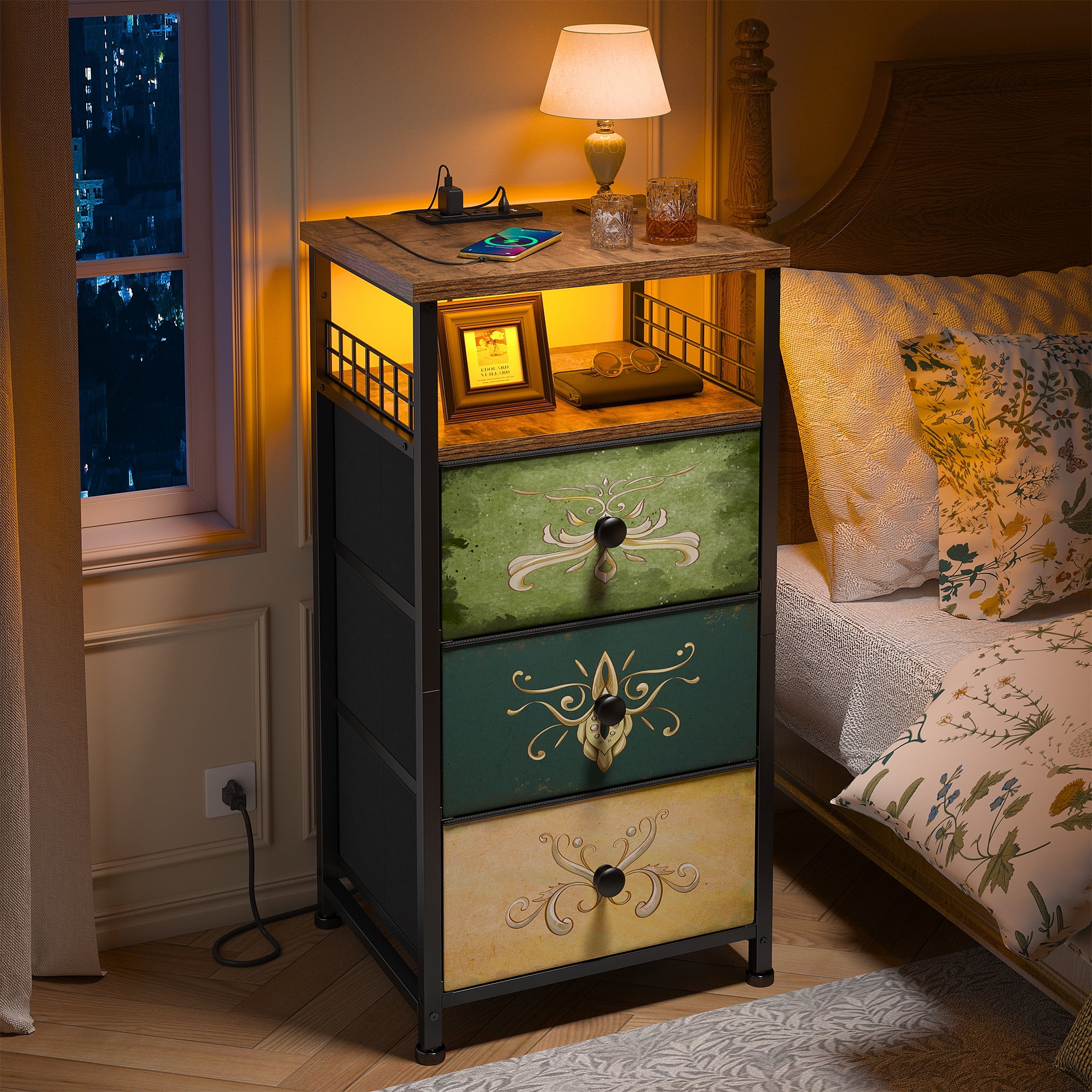 EnHomee Nightstand with Charging Station, LED Night Stand with 3