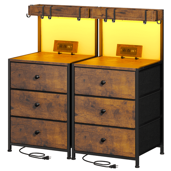 EnHomee Modern LED Nightstand with 3 Drawers, Set of 2, Rustic Brown