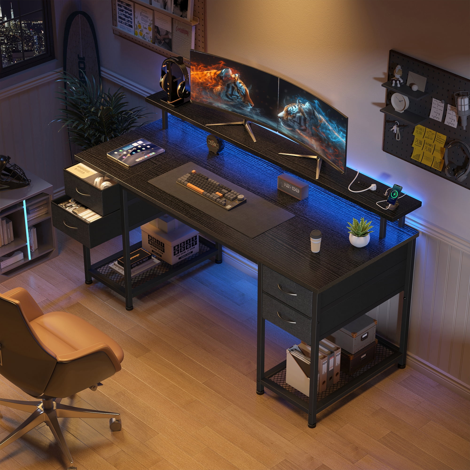 EnHomee Office Desk with 4 Fabric Drawers Gaming Desk with LED Light & Power Outlets Computer desk for Bedroom,Black