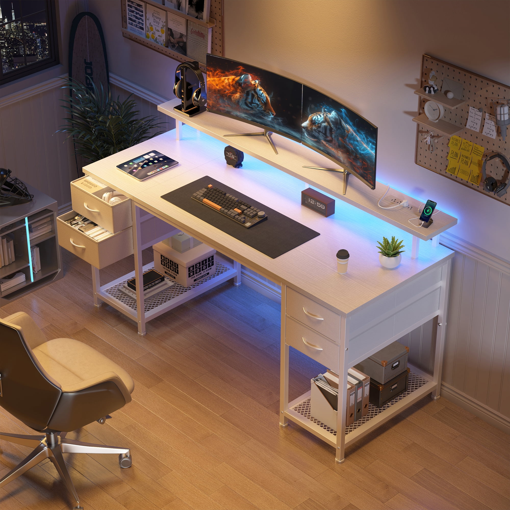 EnHomee Office Desk with 4 Fabric Drawers Gaming Desk with storage Computer Desk for Bedroom, White