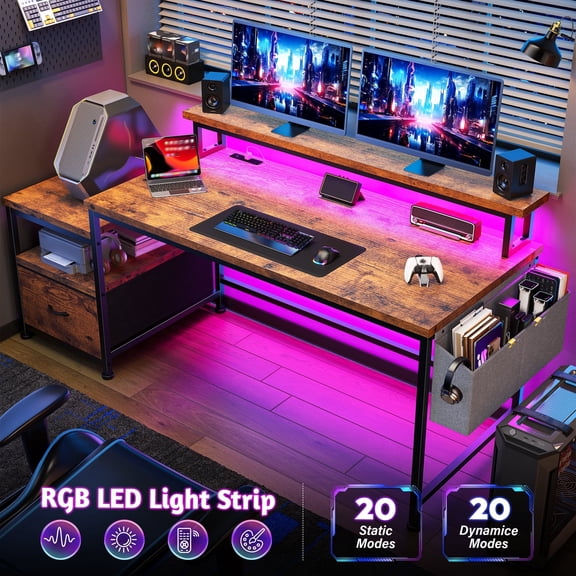 EnHomee Office Desk with Fabric Drawer Gaming Desk with Outlets & Monitor Stand Computer Desk with Storage Desk with Side Pocket,Rustic Brown