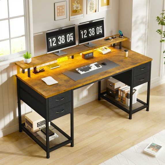EnHomee Office Desk with Storage Computer Desk with 4 Fabric Drawers & Monitor Stand Gaming Desk with LED Light & Shelves,Rustic Brown