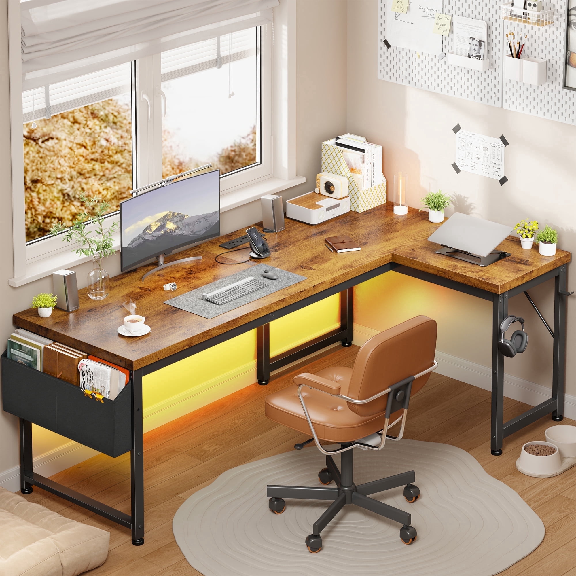 EnHomee Office Desk with Storage L-Shaped Desk with Outlets Gaming Desk with LED Lights for Bedroom,Rustic Brown