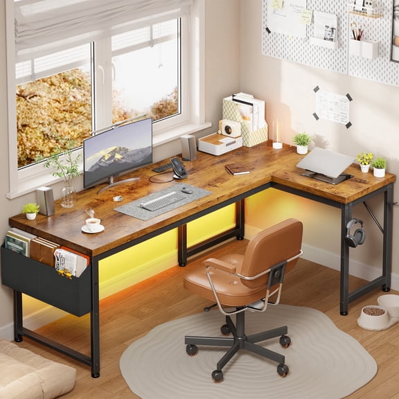 EnHomee Office Desk with Storage L-Shaped Desk with Outlets Gaming Desk with LED Lights for Bedroom,Rustic Brown