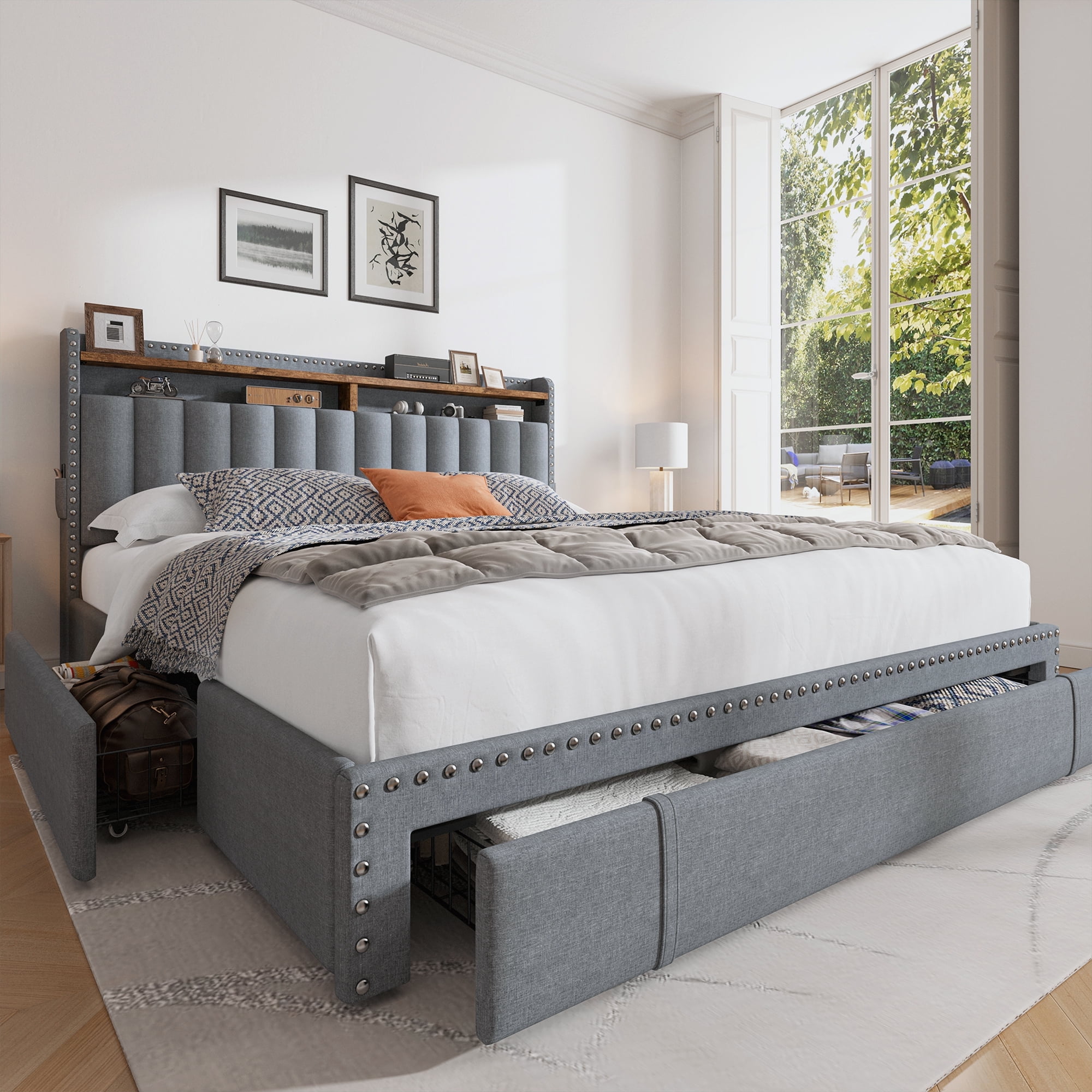 EnHomee Queen Bed Frame with Headboard, 3 Storage Drawers