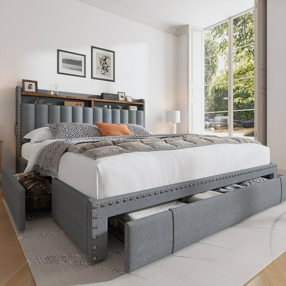 EnHomee Queen Bed Frame with 3 Storage Drawers Upholstered Queen Size Bed Frame with Headboard & Storage Shelf Noise Free, Gray