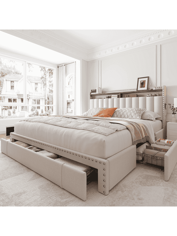 Queen Platform Bed Frame with 3 Storage Drawers Queen Upholstered Bed Frame with 2-Tier Headboard Noise Free, Beige