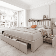 EnHomee Queen Platform Bed Frame with 3 Storage Drawers Queen Upholstered Bed Frame with 2-Tier Headboard Noise Free, Beige