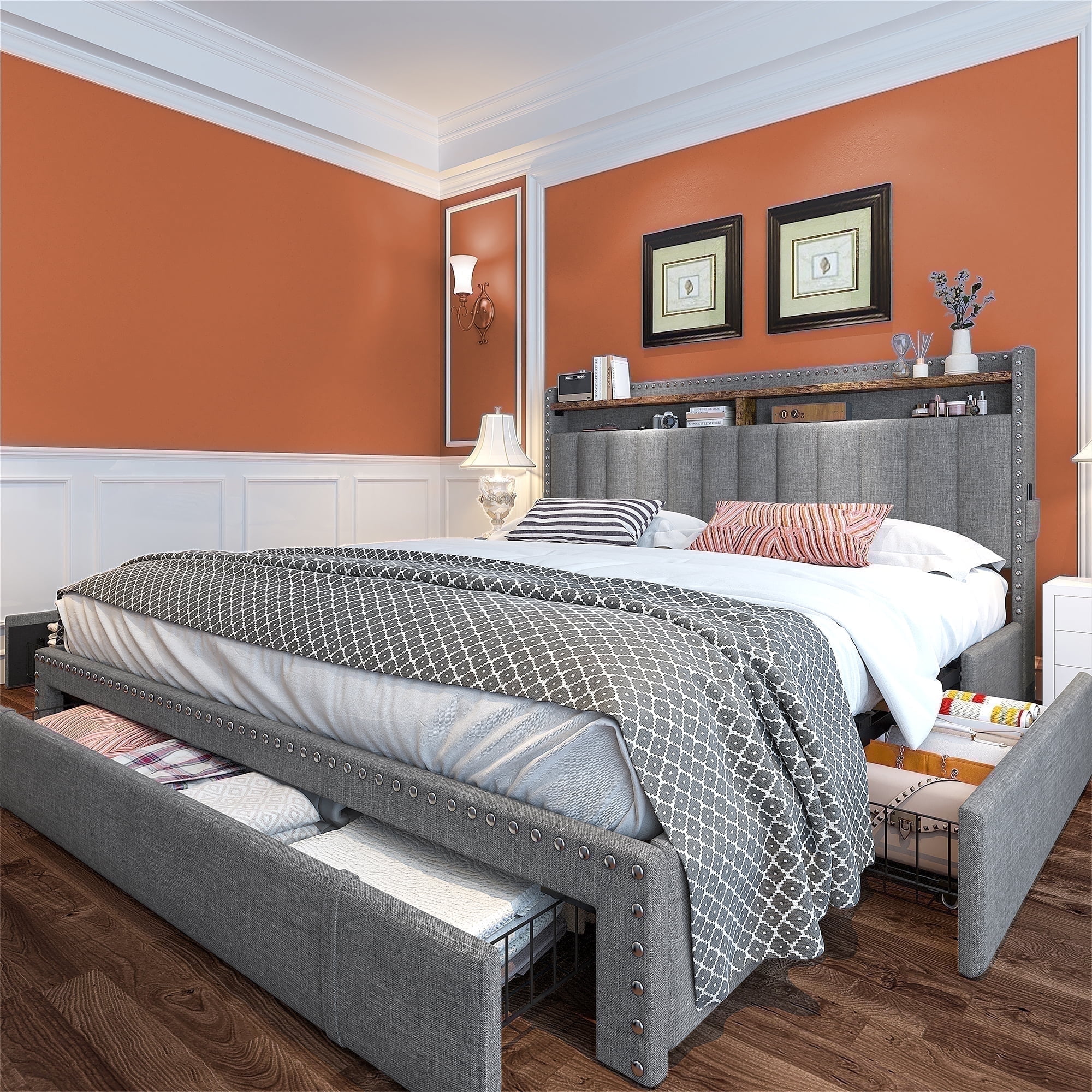 EnHomee Upholstered Queen Bed Frame with 3 Drawers, Noise Free, Metal & Wood Support, Gray  (图1)