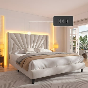 EnHomee Queen Bed Frame with 51"Tall Headboard Upholstered Queen Size Bed Frame with LED Lights & Charge Station, Beige No Box Spring Needed, Noise Free