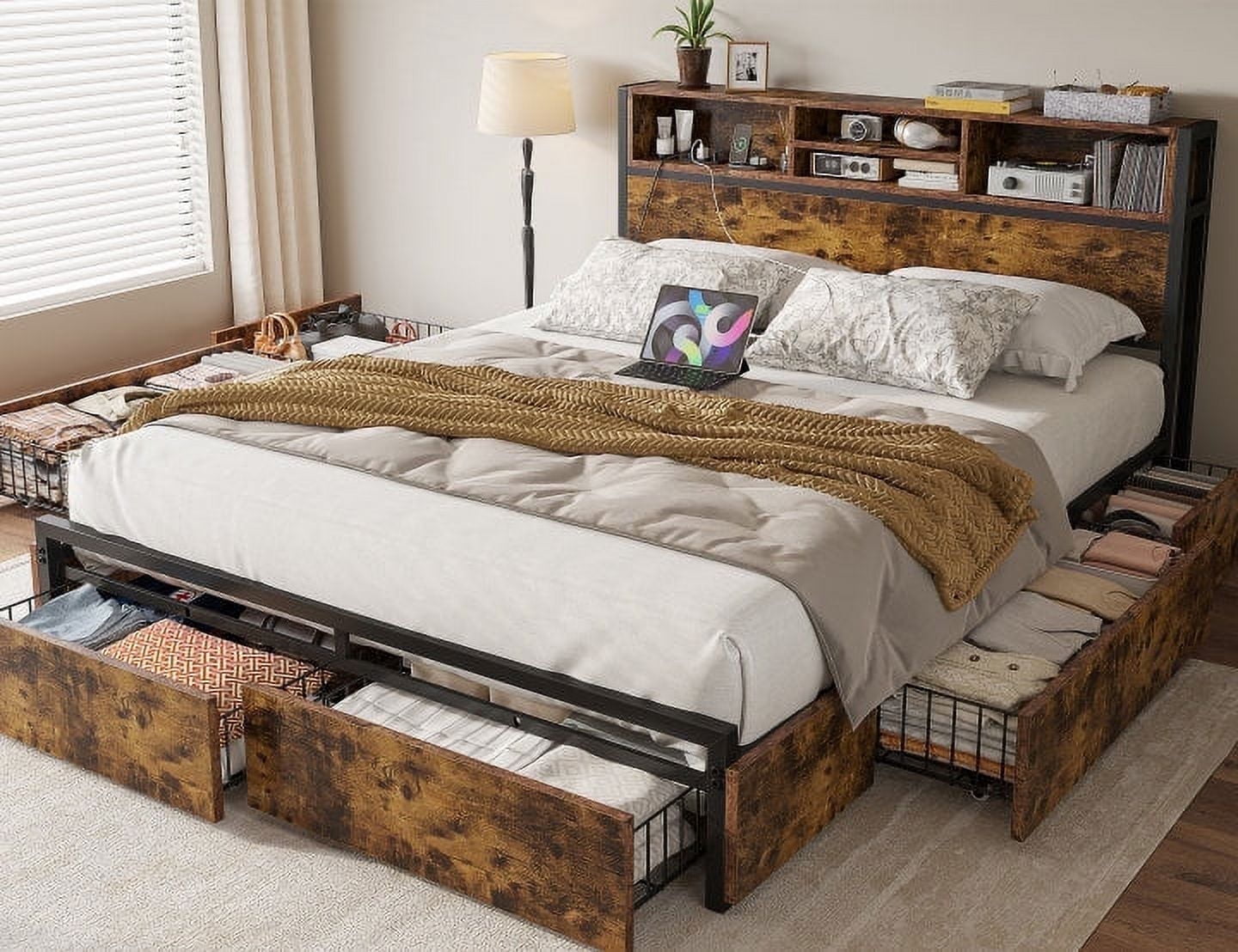 EnHomee Queen Bed Frame with 6 Storage Drawers Queen Bed Frame with Headboard & Charging Station No Noise,Vintage Brown