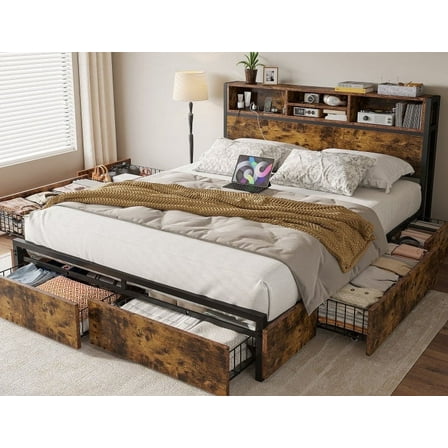 EnHomee Queen Bed Frame with 6 Storage Drawers Queen Bed Frame with Headboard & Charging Station No Noise,Vintage Brown
