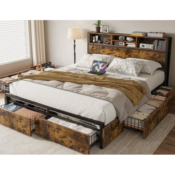 EnHomee Queen Bed Frame with 6 Storage Drawers Queen Bed Frame with Headboard & Charging Station No Noise,Vintage Brown