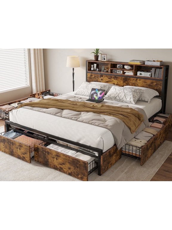 Queen Bed Frame with 6 Storage Drawers Queen Bed Frame with Headboard & Charging Station No Noise,Vintage Brown