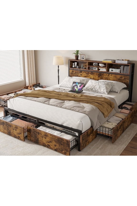 Queen Bed Frame with 6 Storage Drawers Queen Bed Frame with Headboard & Charging Station No Noise,Vintage Brown