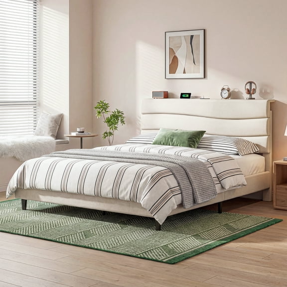 EnHomee Queen Bed Frame with Adjustable Headboard Upholstered Queen Size Bed Frame with Charge Station & Storage, Beige, No Box Spring Needed, Noise Free