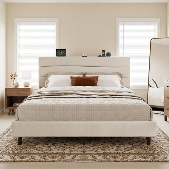 EnHomee Queen Bed Frame with Adjustable Headboard Upholstered Queen Size Bed Frame with Charge Station & Storage, Beige, No Box Spring Needed, Noise Free