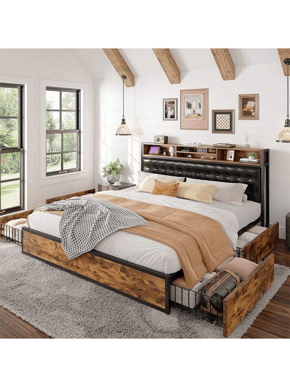 Queen Bed Frame with Headboard Platform Metal Bed Frame with 4 Storage Drawers & Charging Station
