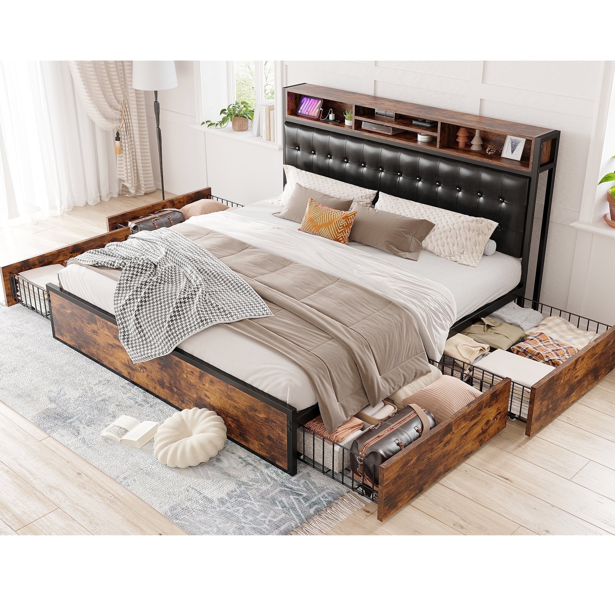 EnHomee Queen Bed Frame with Bookcase Headboard and 4 Storage Drawers