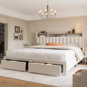 EnHomee Queen Size Beds with Storage Headboard Queen Size Upholstered Bed Frame with 2 Drawers,Beige