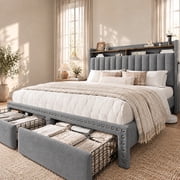 EnHomee Queen Size Beds with 2-Tier Storage Headboard Queen Size Upholstered Bed Frame with 2 Drawers,Grey