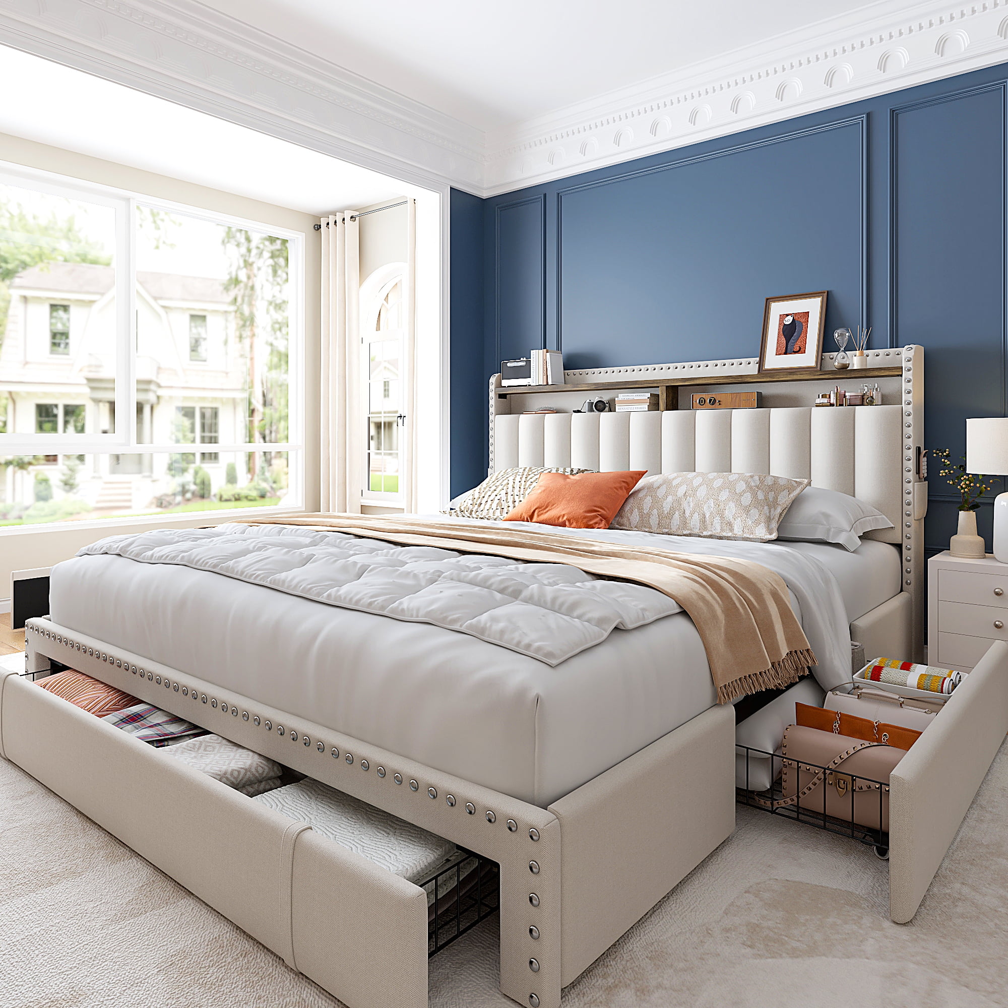 EnHomee Queen Bed Frame with Headboard Upholstered Queen Size Bed Frame