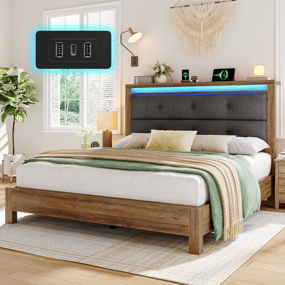 EnHomee Queen Bed Frame with LED Lights and Charging Station Upholstered Platform Bed with Headboard & Storage Shelf Sturdy Wood Qunne Size Bed Frame, No Box Spring Needed, Gray