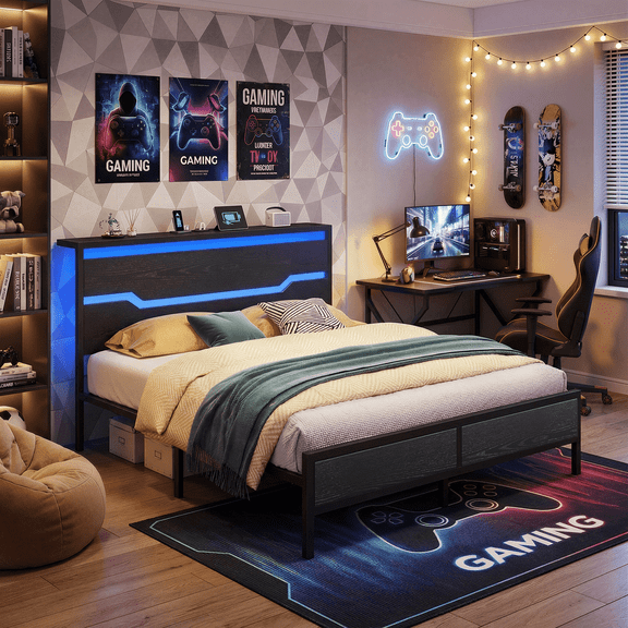 EnHomee Queen Size Metal Bed Frame with Storage Metal Bed Frame with Headboard & Charge Station & LED Lights & 13" Under-Bed Storage, Black