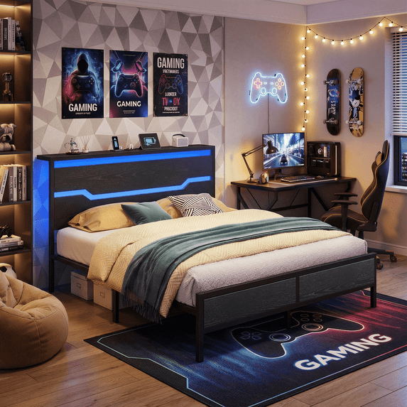 EnHomee Queen Size Metal Bed Frame with Storage Metal Bed Frame with Headboard & Charge Station & LED Lights & 13" Under-Bed Storage, Black