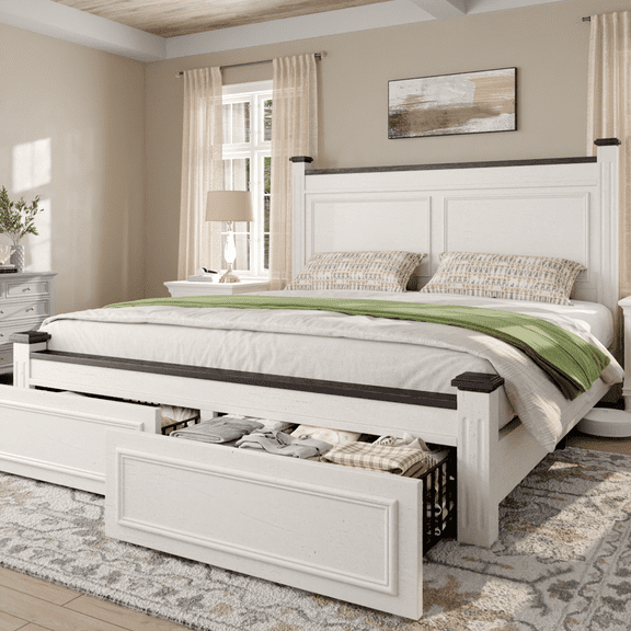 EnHomee Queen Bed Frame with 2 Storage Drawers Queen Size Bed Frame with 51.25" H Headboard Farmhouse Bed Frame NO Noise, No Box Spring Needed, White