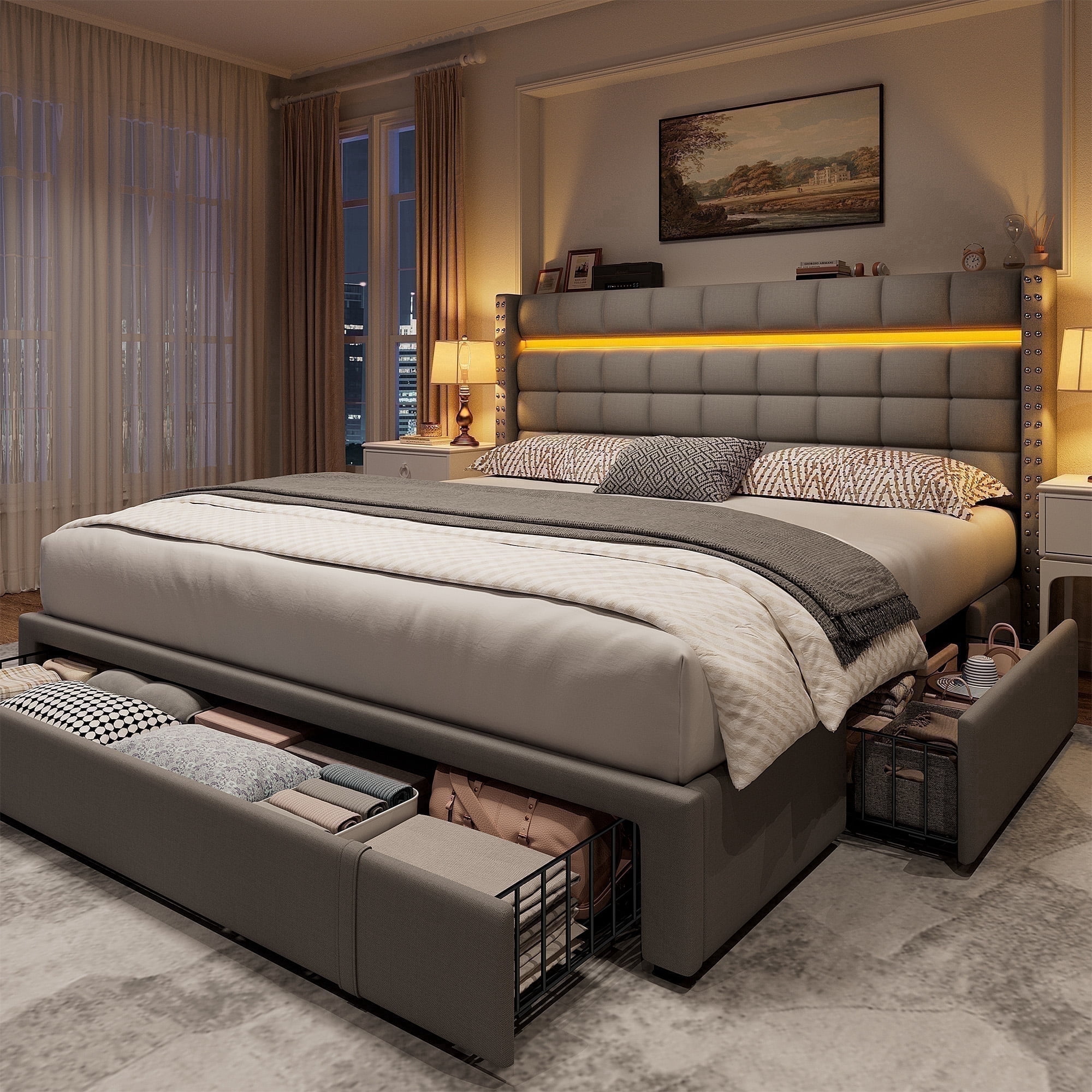 EnHomee Queen Bed Frame with 3 Hidden Drawers Upholstered Bed Frame with LED & Button Tufted Modern Bed Frame with Headboard Grey