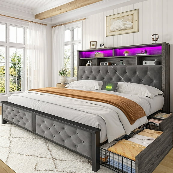 EnHomee Queen Bed Frame with 4 Storage Drawers Upholstered Platform Bed Frame with Headboard and Storage & Charge Station & LED Lights