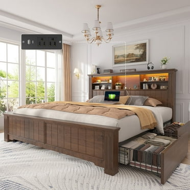 EnHomee Queen Bed Frame with Headboard Bed Frame with 4 Storage Drawers & LED Lights  Platform Bed frame with Charging Station