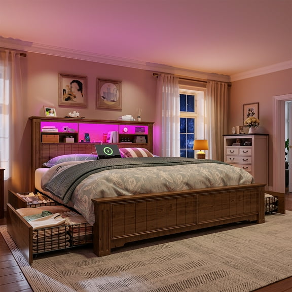 EnHomee Queen Bed Frame with Headboard Bed Frame with 4 Storage Drawers & LED Lights Platform Bed frame with Charging Station