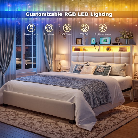EnHomee Queen Bed Frame with Storage Shelf Upholstered Platform Bed Frame with LED Lights Metal Bed Frame with Charge Station, Beige