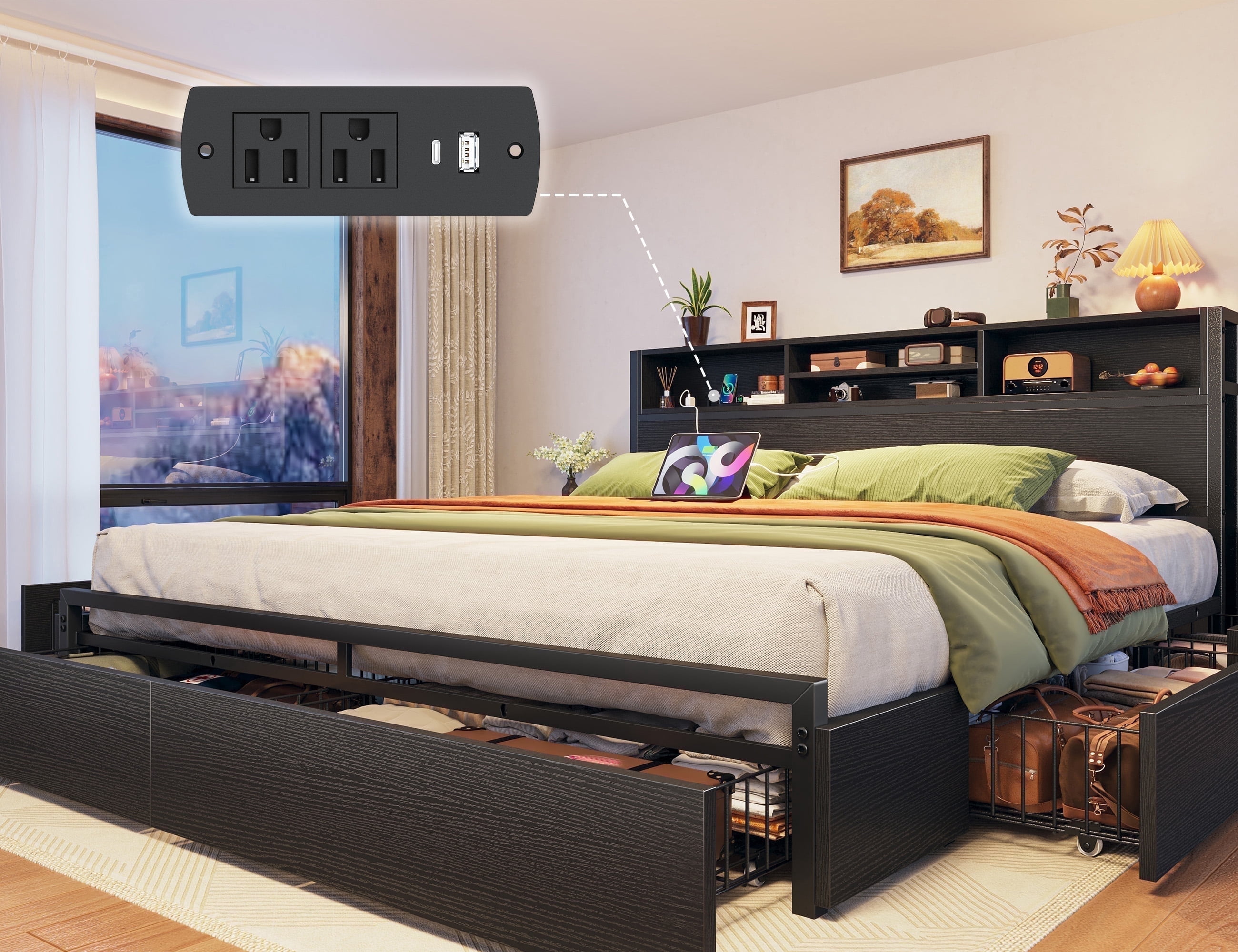 EnHomee King Metal Platform Bed Frame with 6 Storage Drawers & Storage Shelf & Charge Station,Black