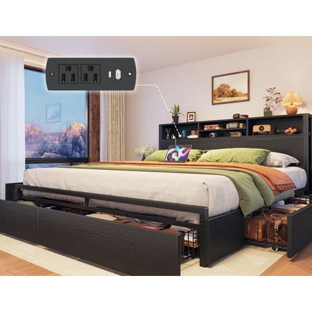 EnHomee King Metal Platform Bed Frame with 6 Storage Drawers & Storage Shelf & Charge Station,Black