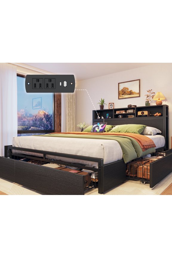 Queen Metal Platform Bed Frame with 6 Storage Drawers & Storage Shelf & Charge Station,Black