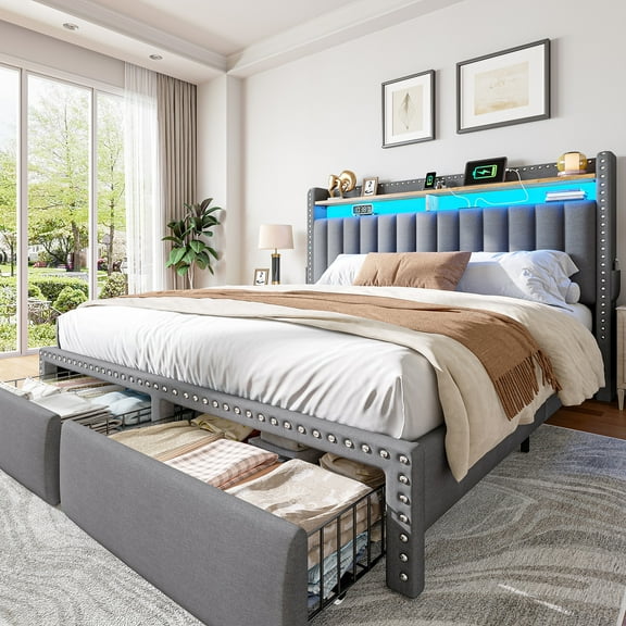 EnHomee Queen Size Bed Frame with 2 Drawers & 2-Tier Storage Shelf Upholstered Bed Frame with Headboard & Storage & LED Lights & Charge Station, Gray