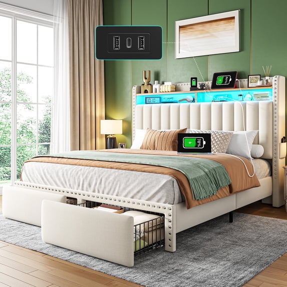 EnHomee Queen Size Bed Frame with 2 Drawers & 2-Tier Storage Shelf Upholstered Bed Frame with Headboard & Storage & LED Lights & Charge Station, Beige