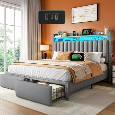 EnHomee Queen Size Bed Frame with 2 Drawers & 2-Tier Storage Shelf Upholstered Bed Frame Queen with Headboard Queen Bed Frame with Storage & LED Lights & Charge Station, No Box Spring Needed,Gray