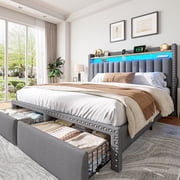 EnHomee Upholstered Bed Frame with 2 Storage Drawers Queen Size Bed Frame with 2-Tier Headboard & LED Lights & Charge Station, Gray