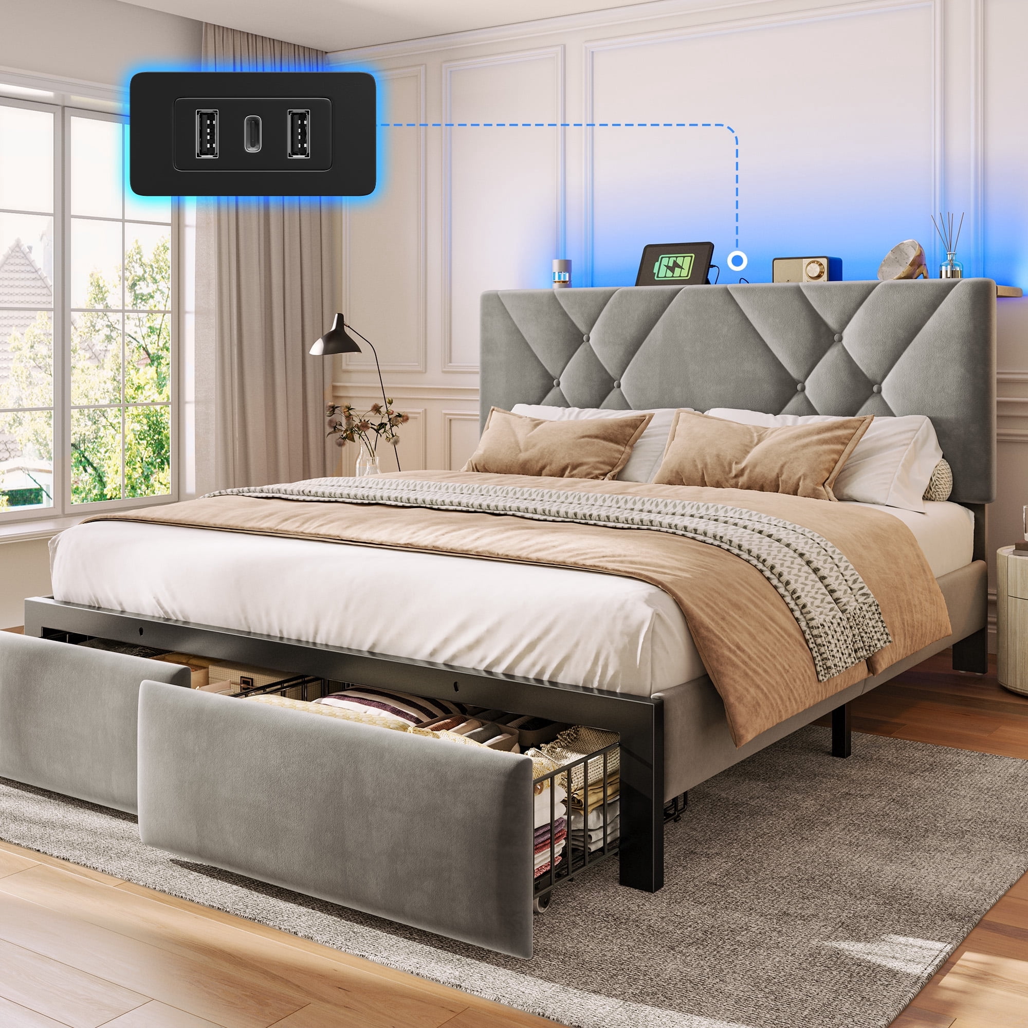 EnHomee Queen Size Bed Frame with 2 Drawers &  Storage Platform Upholstered Bed Frame Queen with Headboard Queen Bed Frame with LED Lights & Charge Station, No Box Spring Needed, No-Noise, Gray