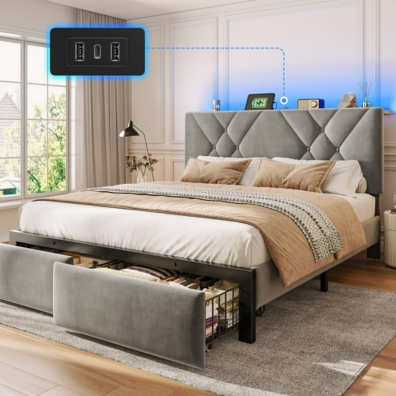 EnHomee Queen Size Bed Frame with 2 Drawers & Storage Platform Upholstered Bed Frame Queen with Headboard Queen Bed Frame with LED Lights & Charge Station, No Box Spring Needed, No-Noise, Gray